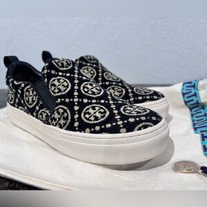 Tory Burch Black and Cream Slip-On Sneakers
